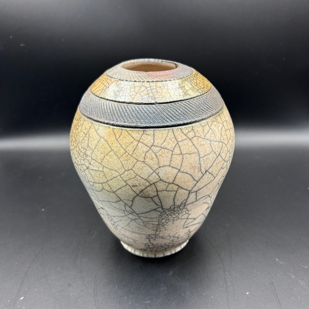Joe Clark Raku Art Pottery Vase White Crackle Hand Thrown Studio Ceramic Signed